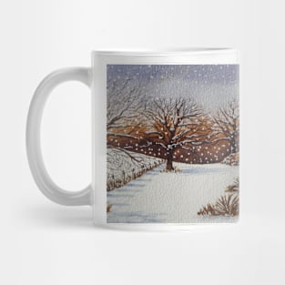 painting of snow snow covered trees and cottages winter snow scene Mug